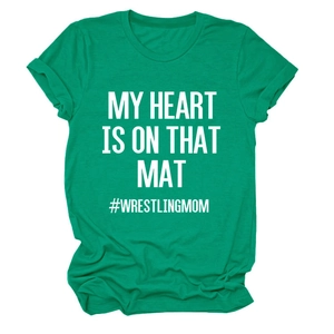 Detail of wrestling mom slogan print on casual green cotton short sleeve t-shirt