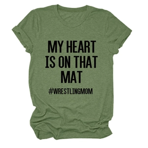 Detail of army green crewneck t-shirt with My Heart Is On That Mat text print
