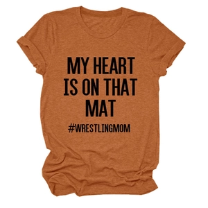 Detail of caramel cotton blend t-shirt with My Heart Is On That wrestling quote