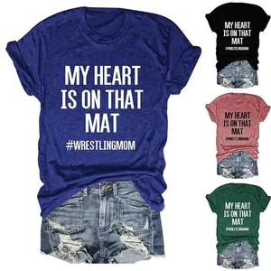 Women Wrestling Mom My Heart Is On That Mat Letter Print T-Shirt Casual Round Neck Short Sleeve Cotton Blend Summer Top