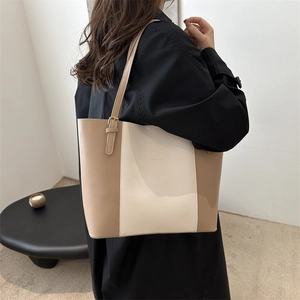 Large color-block tote bag in cream and light brown PU leather for daily commute