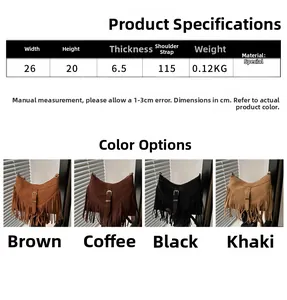 Size chart and four color options for the faux suede fringe crossbody bag with dimensions