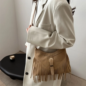 Retro camel suede underarm bag with long fringe tassels and vintage gold buckle