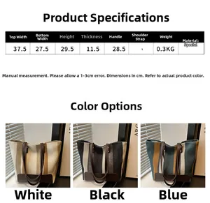 Size guide for striped tote bag showing dimensions for width height and color options