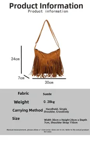 Brown faux suede tote bag detail with long tassels and adjustable shoulder strap