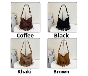 Detail view of large tassel tote bags in four colors: coffee, black, khaki, and brown