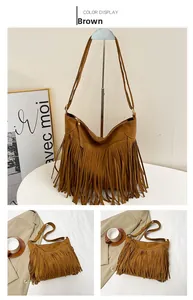 Detailed view of brown faux suede tassel shoulder bag with retro fringe and zip closure