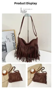 Detail view of large brown suede tote bag with long fringe tassels and shoulder strap