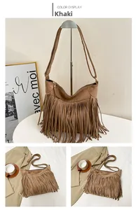Detail of khaki suede tassel shoulder bag showing the bohemian fringe texture and strap