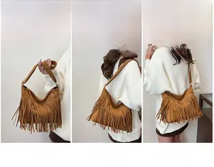 Brown faux suede tassel tote bag shown in hand-carry, shoulder, and crossbody styles