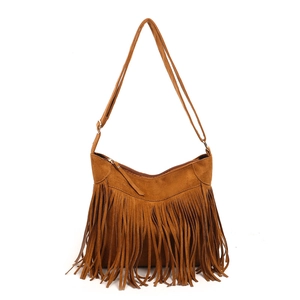 Vintage brown suede fringe crossbody bag with adjustable strap and bohemian style tassels