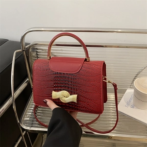 Retro Women Crocodile Pattern PU Leather Handbag With Gold Wave Buckle Metal Handle Shoulder Crossbody Square Bag