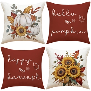 Autumn Harvest Pumpkin Sunflower Throw Pillow Covers Linen Texture Cushion Cases For Thanksgiving Home Sofa Decor