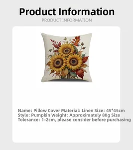 Detail of 45x45cm breathable linen pillowcase with sunflower and maple leaf print
