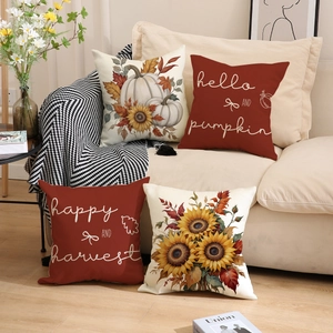 Set of 4 autumn pumpkin and sunflower decorative linen pillow covers for harvest home decor
