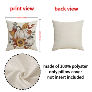 Linen style autumn pillow cover with pumpkins and sunflowers, 18x18 inches size
