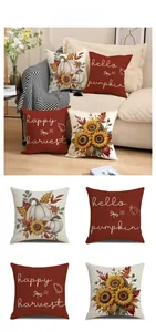 Set of four autumn harvest linen pillow covers with pumpkin and sunflower designs