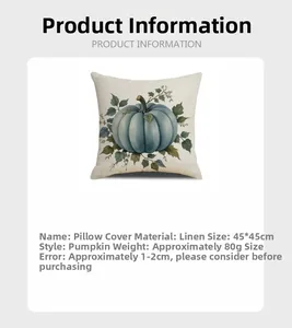 Detail card showing a 45x45cm linen pumpkin pillow cover with blue harvest motif