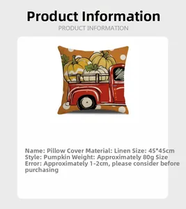 Detailed view of linen pillow cover with pumpkin and red truck print 45x45cm