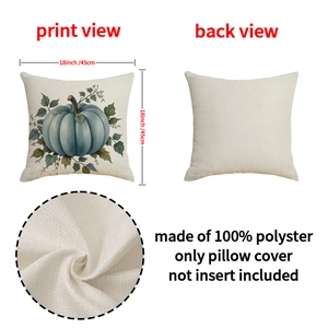 18-inch Fall decorative throw pillow cover with blue pumpkin print and linen texture
