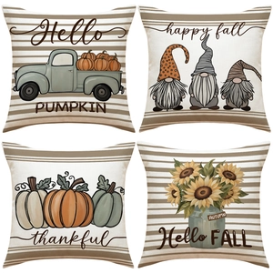 Housses de Coussin d'Automne Action de Grâce Aspect Lin Tournesol Citrouille Gnome Taie d'Oreiller Décorative pour Canapé Maison