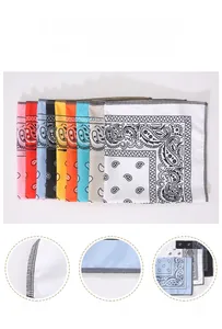 Close-up of overlock stitching and paisley patterns on multi-colored square bandanas