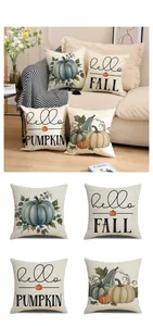 Macro detail of autumn harvest pillow covers with pumpkin patterns and linen texture