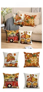 Detailed view of four autumn pillow covers with gnomes, pumpkins, and a vintage red truck