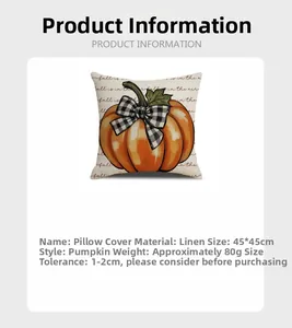 Detail of 45x45cm linen pumpkin pillow cover with bow and fall is in the air text