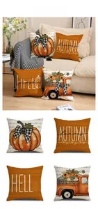 Close-up of four autumn pillow covers with pumpkin patterns and retro truck linen texture