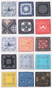 Detail shot of 15 various polyester paisley bandana patterns with retro hip-hop designs