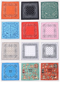 Detailed grid showing twelve paisley and nautical themed polyester bandana styles