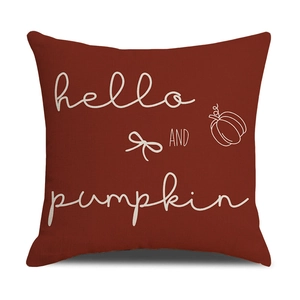 Burnt orange linen pumpkin pillow cover with hello pumpkin print for fall decor