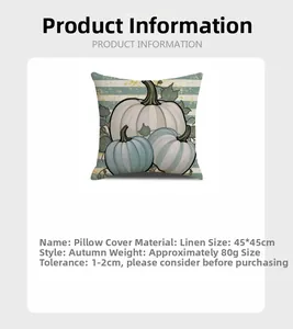 Detail showing 45x45cm autumn pumpkin linen pillowcase texture and size specifications