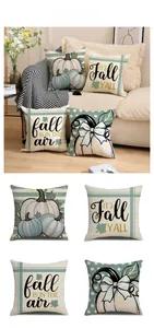 Detail view of four linen pumpkin pillow covers with autumn harvest theme prints
