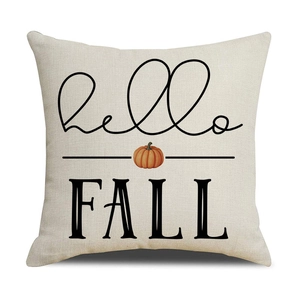 Linen fall pillow cover with hello FALL print and pumpkin icon for autumn home decor