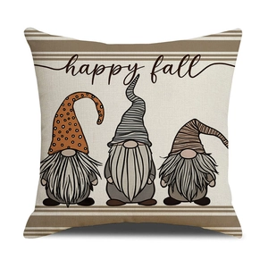 Housse de coussin en lin Action de grâce avec gnomes et texte Happy Fall déco