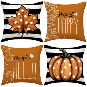 Fodere per Cuscini Decorativi in Lino Autunno Zucca Foglia di Acero Harvest Righe Halloween Ringraziamento Decorazioni Casa