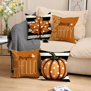 Set di 4 federe autunnali in lino con stampe di zucca e foglie di acero per divano