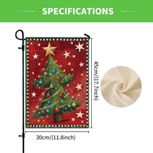 Detailed view of Christmas garden flag showing 30x45cm size and linen fabric texture