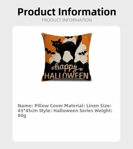Detail specifications for Halloween linen pillowcase with black cat and bat printed pattern