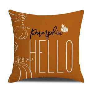 Fodera per cuscino autunnale con zucca in lino arancione e scritte Hello Pumpkin artistiche