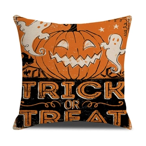 Halloween linen pillow case featuring orange pumpkin, ghost and Trick or Treat print