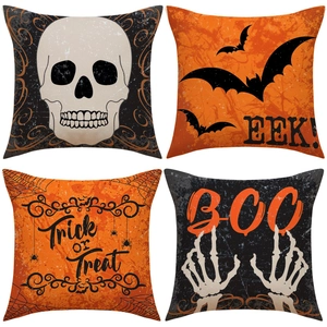 Halloween Throw Pillow Cover Linen Decorative Cushion Case For Sofa Home Decor Skull Bat Spider Web Trick Or Treat Print