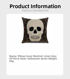 Detail view of linen Halloween pillowcase with skull print and 45x45cm size specifications