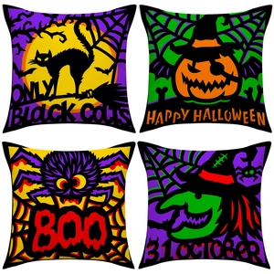 Set of four Halloween pillow cases with spider witch and pumpkin prints on linen fabric