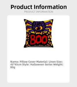 Detail specifications of 45x45cm linen Halloween pillowcase with cartoon spider pattern