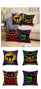 Set of four Halloween pillow covers featuring cartoon cat, pumpkin, monster, and witch prints