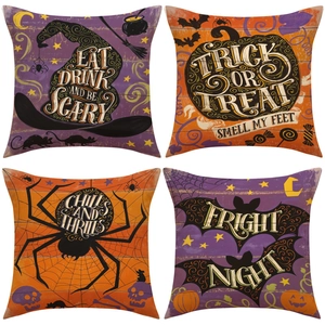 Funda de Almohada Halloween Efecto Lino Poliestere Calabaza Murciélago Araña Sombrero de Bruja Funda de Cojín Decorativa