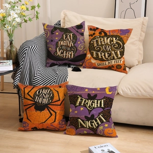 Juego de 4 fundas de cojín de Halloween en lino con diseños de calabaza y araña